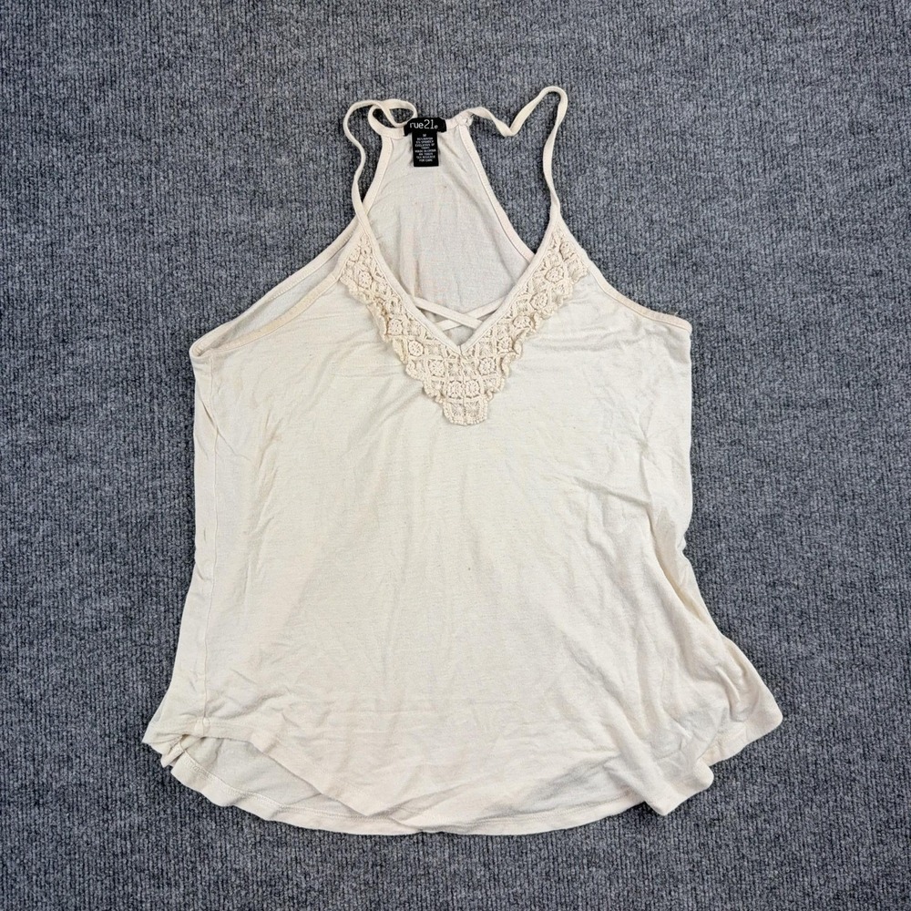 Rue21 Tank Top Womens Medium White Crochet V Neck Lace Racerback Stretch Cami